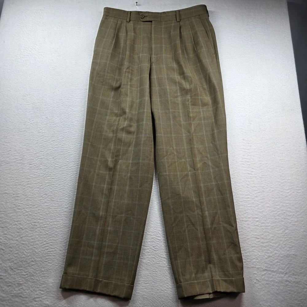 Linea Naturale Luxe Dress Pants Men 34 Tan Windowpane Wool Super 120 Italy